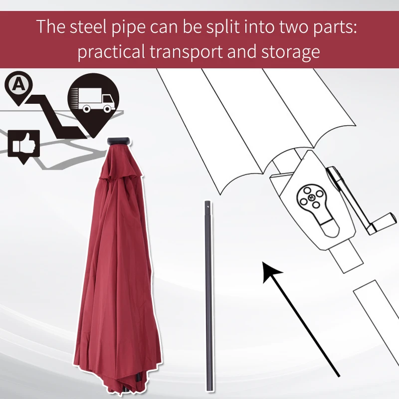 Outsunny Φ2.7m Garden 24 LED Light Parasol Solar Outdoor Tilt Sun Umbrella Patio Club Party Event Manual Sun Shade w/ Hand Crank and 8 Ribs, Red