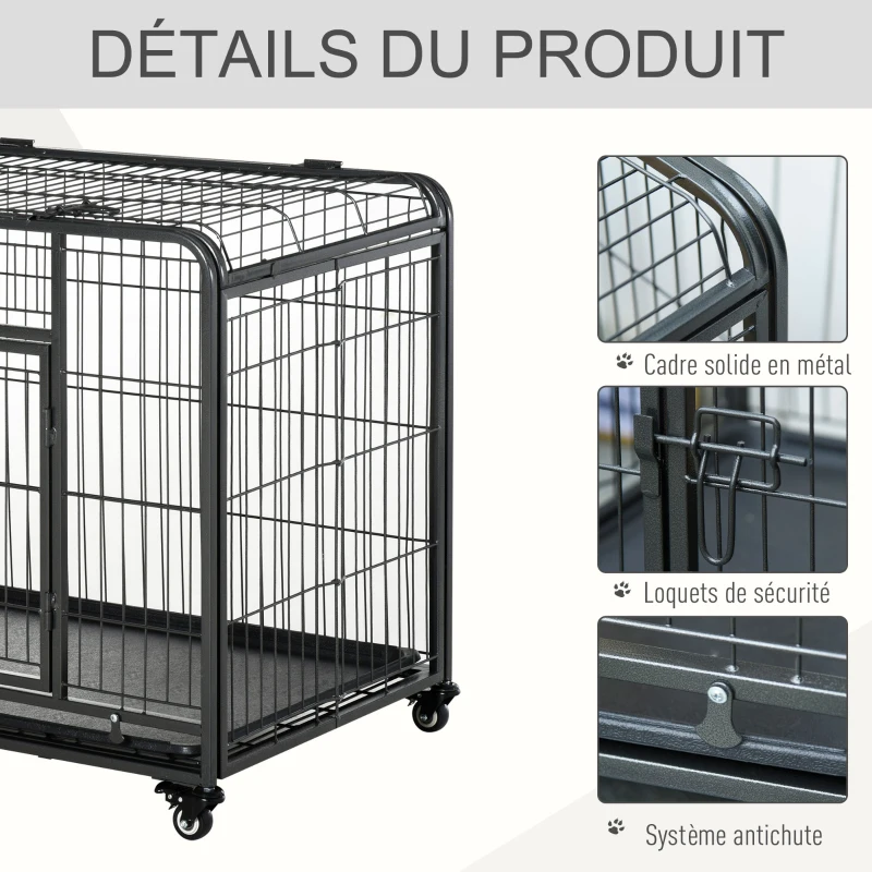 PawHut Cage pour chien pliable cage de transport sur roulettes 2 portes verrouillables plateau amovible dim. 94L x 58l x 69,5H cm métal gris noir