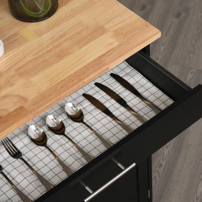 HOMCOM Carrello da Cucina con Cassetto e Armadietto 2 Ante, Ruote e Barra Laterale, 83x45x91.5cm, Nero