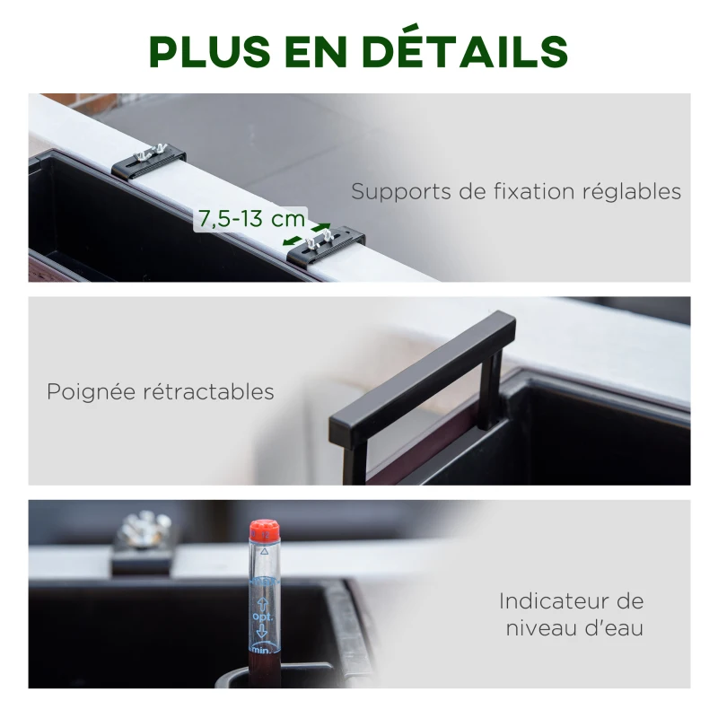 Outsunny Jardinière Suspendue pour Fleurs Plantes balconnière en résine tressée avec Supports réglables et système d'irrigation PP métal dim. 50L x 19l x 19H cm Marron et Noir