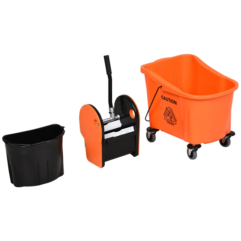HOMCOM 36L Mop Bucket Wringer Cart w/ Down Press Wringer, Wheels, Mop-Handle Holder, Orange