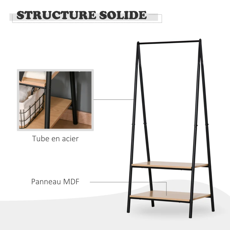 HOMCOM Portant à vêtements penderie style contemporain triangulaire dim. 64L x 43l x 149H cm 2 étagères MDF bois clair acier noir