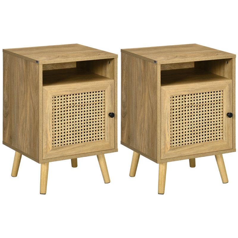 2 Pezzi comodino in rattan con 2 cassetti, Tavolini da comodino in stile bohemien con gambe in legno massello Naturale