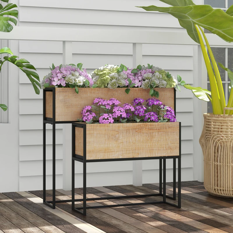Outsunny Lot de 2 jardinières sur pieds en bois et métal 2 tailles 80 x 20 x 70 cm - 60 x 20 x 50 cm noir et naturel