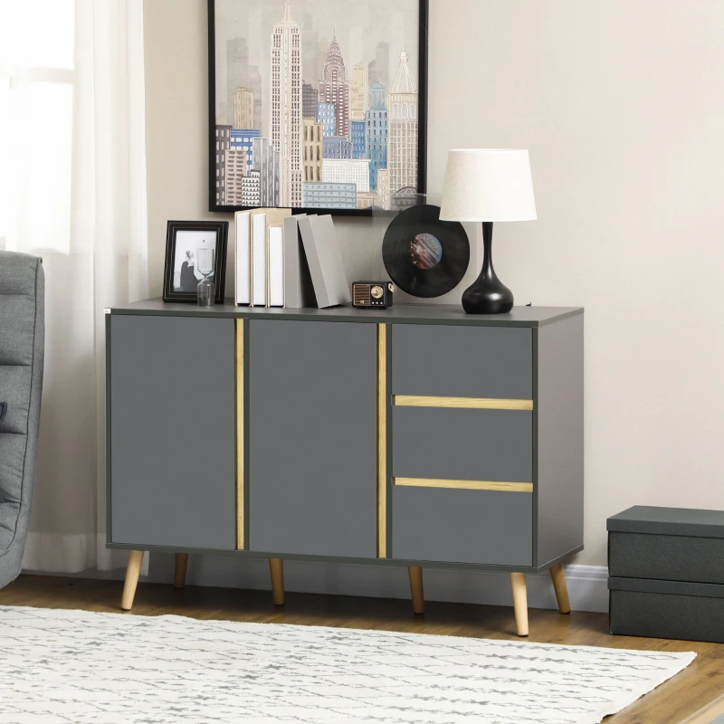 HOMCOM Sideboard, Modern Kitchen Cupboard with Double Doors and 3 Drawers, Adjustable Shelves for Living Dining Room, Dark Grey