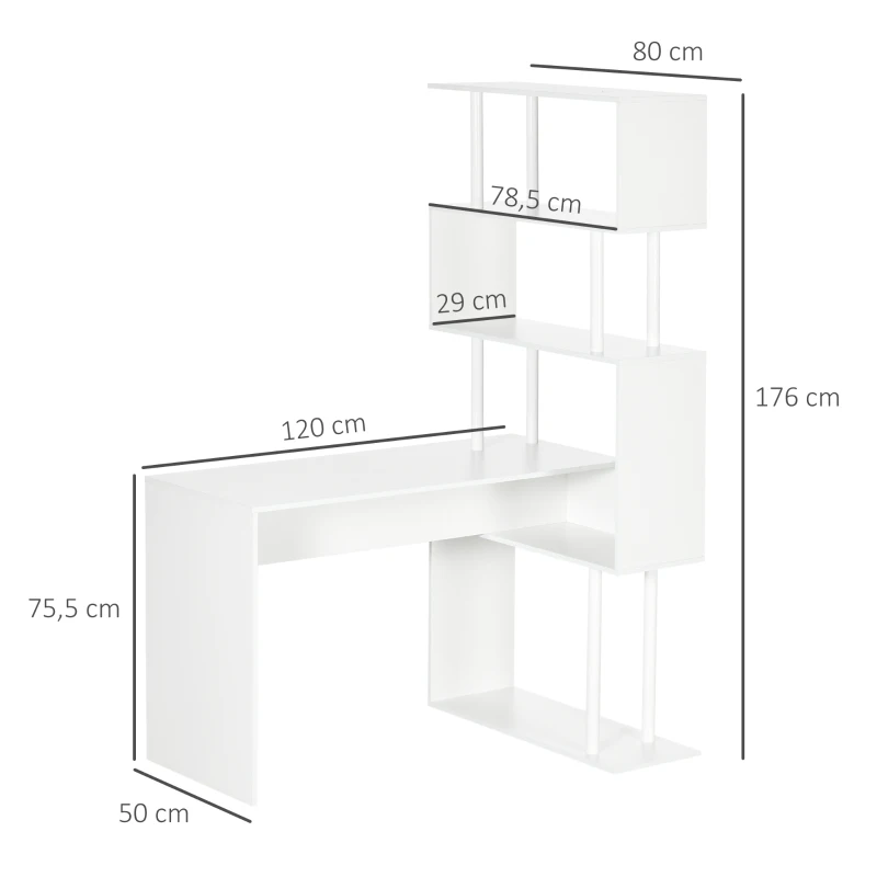 HOMCOM Bureau d'angle bureau informatique en forme de L avec étagères à 4 niveaux en bois 120 x 80 x 176 cm blanc(m-3)