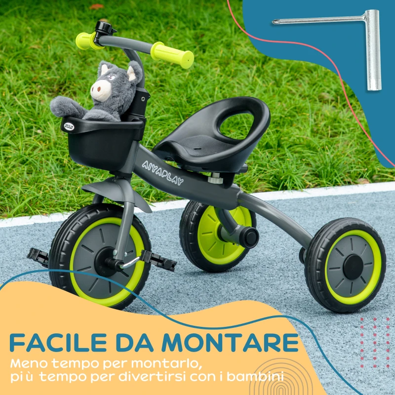 AIYAPLAY Triciclo per Bambini da 2-5 Anni con Seduta Regolabile e Campanello, 70.5x50x58cm, Nero