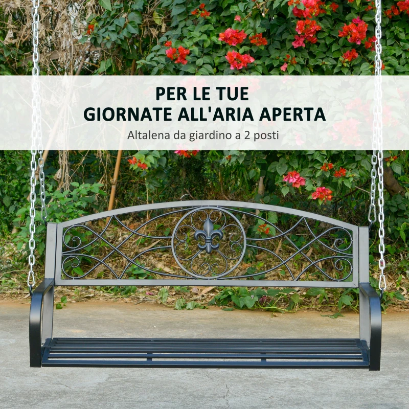 Outsunny Dondolo 2 Persone Design Classico Catene Incluse da Giardino Acciaio 132 x 63 x 58 cm Nero