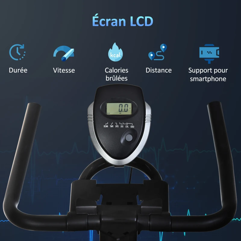HOMCOM Vélo d'appartement vélo de fitness velo d'intérieur avec écran LCD multifonctions vélo biking cardio-training selle et guidon réglables acier noir