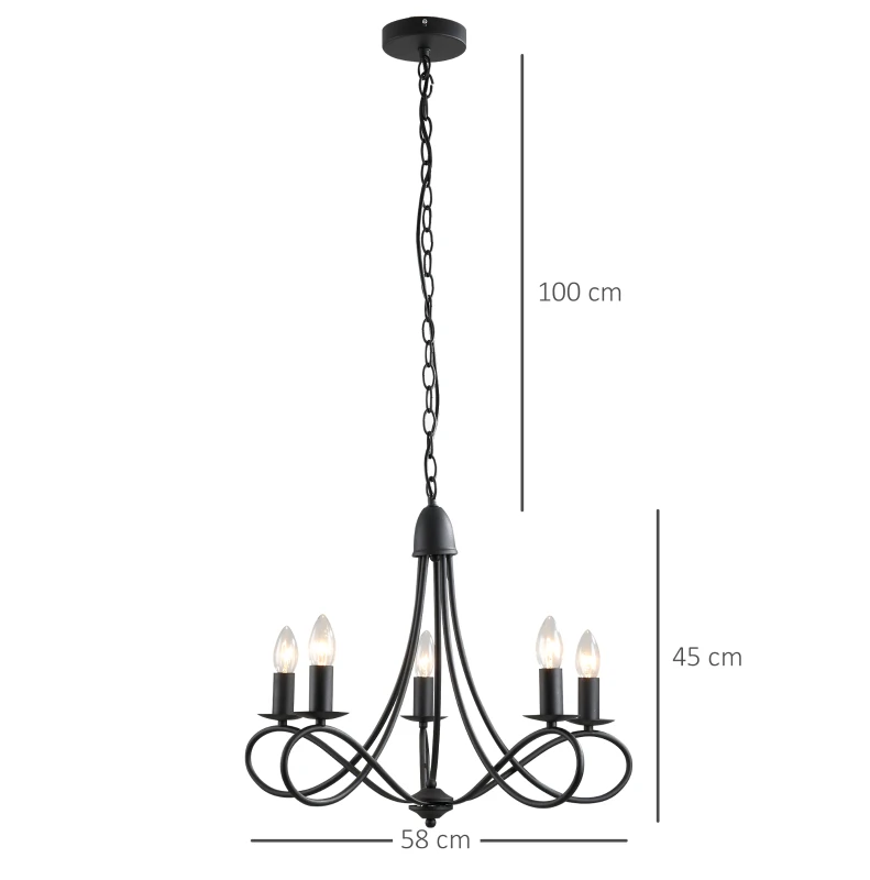 HOMCOM Lampadario a Soffitto Stile Rustico, Acciaio Intrecciato Nero con 5 Candelieri Regolabili e Pieghevoli Ф58 x 45cm