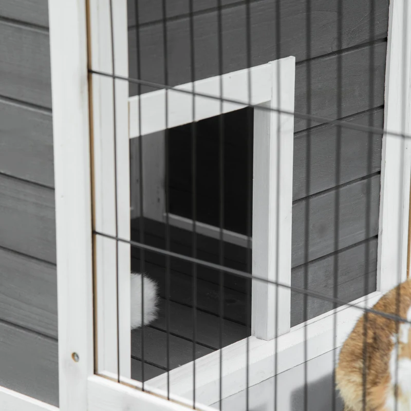 PawHut Clapier sur pieds cage à lapin avec niche intérieure plateau excrément coulissant porte supérieure 92L x 51l x 76H cm gris blanc