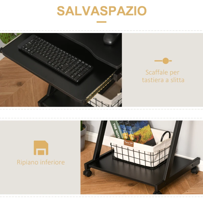 HOMCOM Scrivania Salvaspazio con Piano Tastiera a Scomparsa, 4 Ruote e Ripiano Inferiore, 60x48x73 cm, Nero
