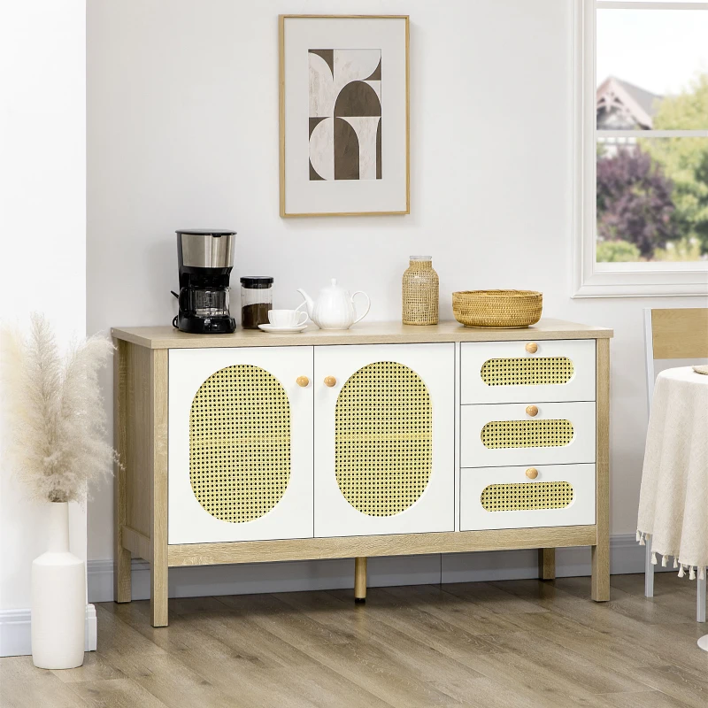 HOMCOM Aparador para Cocina Salón Buffet con 3 Cajones y Armario de 2 Puertas de Rejilla 140x45x80 cm Natural