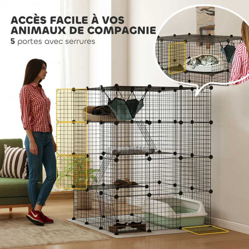 PawHut Clôture pour animaux domestiques lapin enclos intérieur 4 niveaux modulable panneaux grillagés 105 x 105 x 140 cm noir