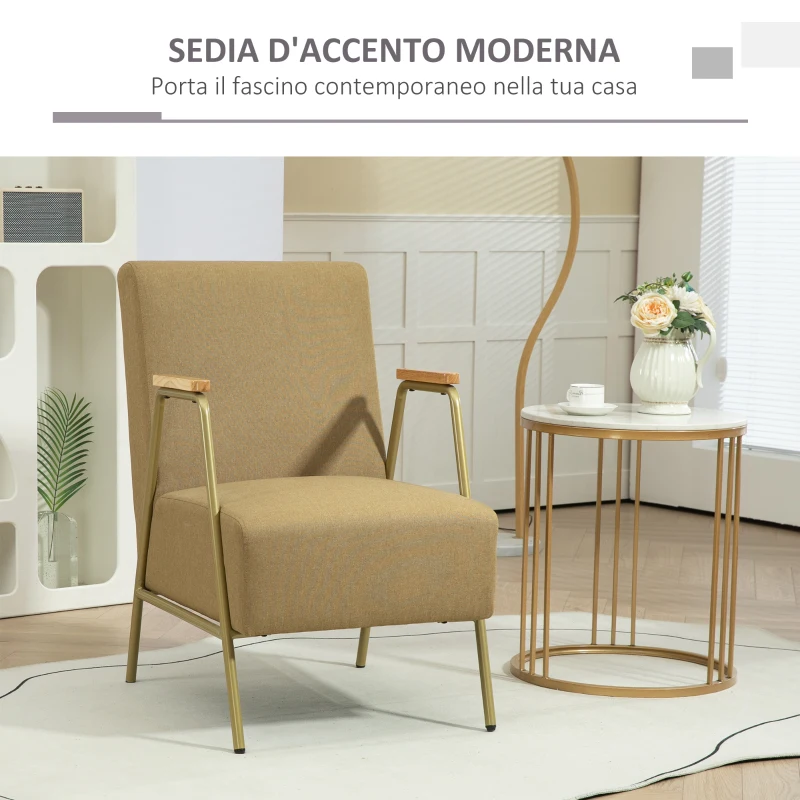 HOMCOM Poltrona Moderna in Tessuto Effetto Lino per Soggiorno e Camera da Letto, 62x81x92 cm, Marrone e Oro