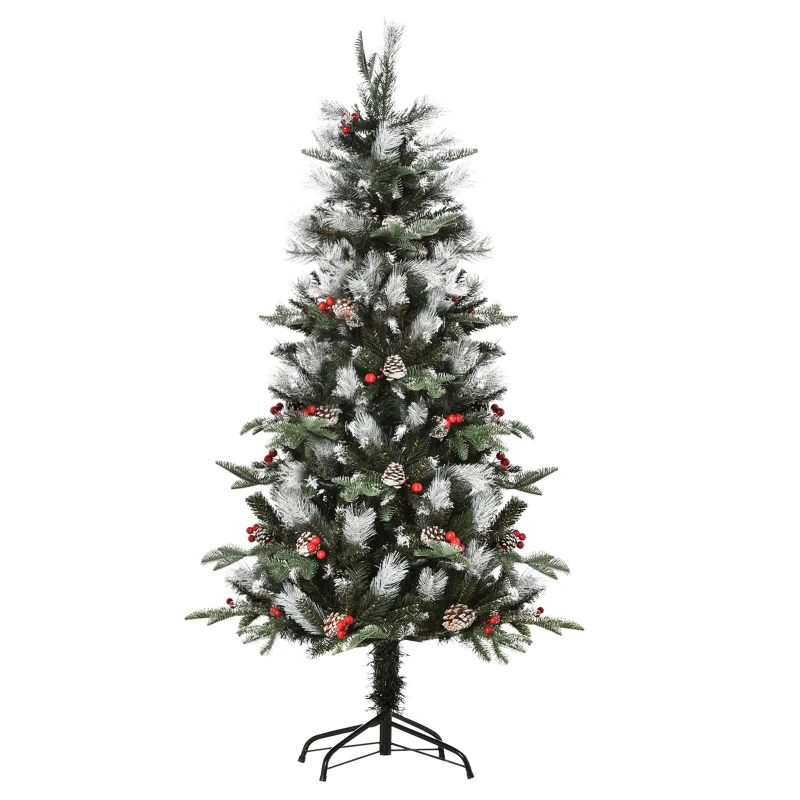 HOMCOM Albero di Natale Innevato 150cm con Bacche Rosse e Pigne Bianche, Base Rimovibile Pieghevole, 440 Rami, Verde