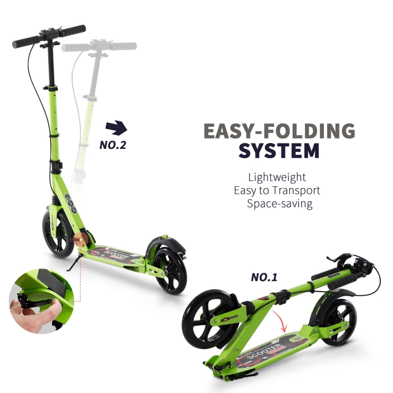 HOMCOM Teen/Adults Aluminium Foldable Kick Scooter w/ Shock Mitigation System - Green