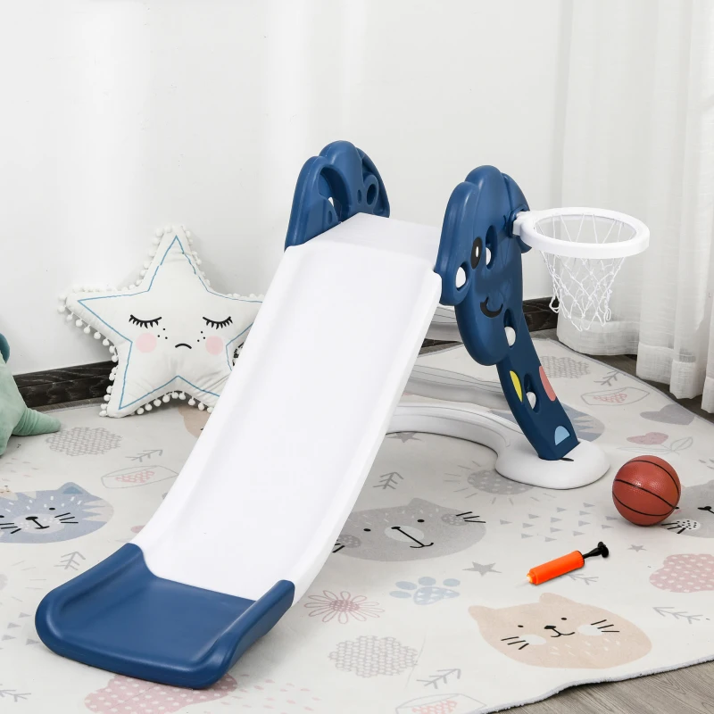 HOMCOM Kids Slide with Basketball Hoop Toddler Climber Freestanding Slider Playset Playground Slipping Slide Indoor Outdoor Exercise Toy Activity Center for 18-48 Months Blue