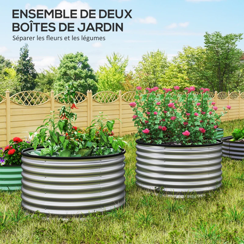 Outsunny Lot de 2 jardinières surélevées kit de jardinière ronde surélevée fonds ouverts acier galvanisé 90 x 90 x 56 cm argent