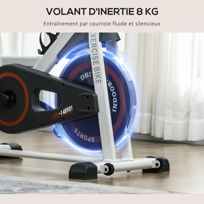HOMCOM Vélo d'appartement avec écran LCD multifonctions vélo biking cardio-training selle et guidon réglables poids volant inertie 8 Kg acier blanc(m-5)