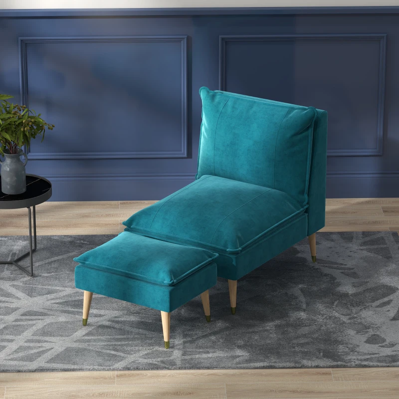 HOMCOM Fauteuil de relaxation avec repose-pieds fauteuil relax de salon pieds en bois d'hévéa revêtement aspect velours bleu