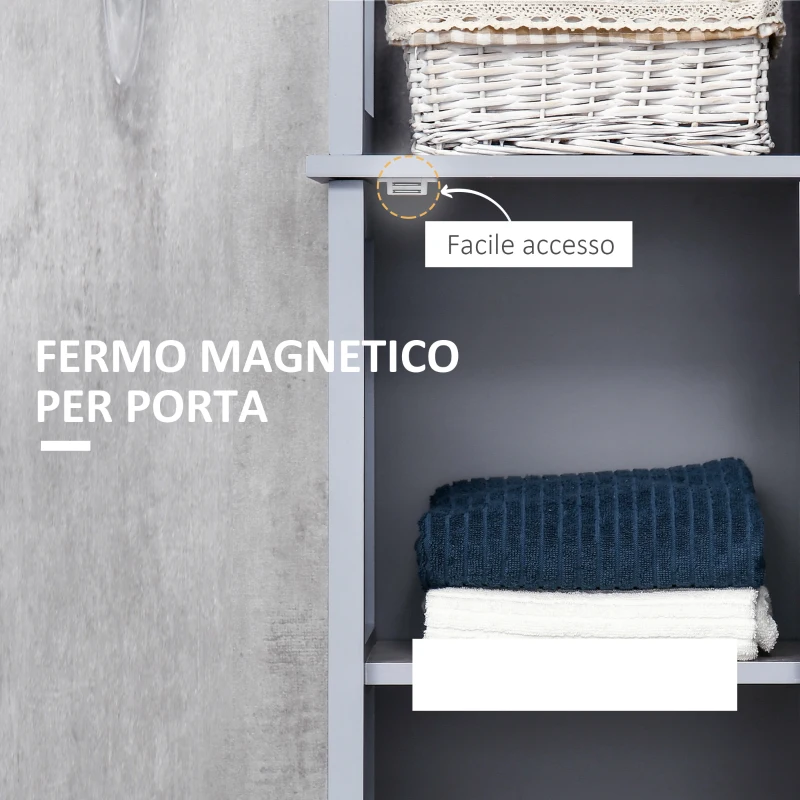 kleankin Colonna Bagno con 3 Mensole e Armadietto in Legno MDF 40x30x160, Grigio e Legno Naturale