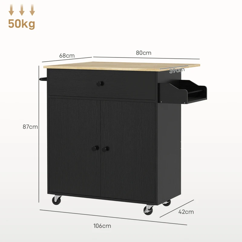 HOMCOM Isla de Cocina con Ala Abatible 2 Puertas Cajón Especiero Toallero y Estante Ajustable 106x42x87 cm Negro y Roble