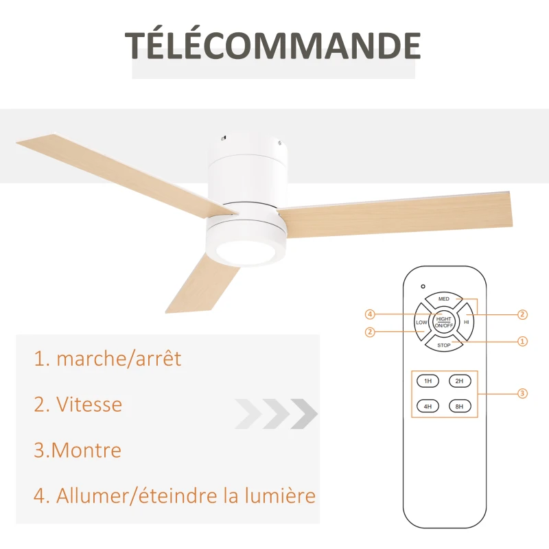 HOMCOM Ventilateur de plafond 2 en 1 avec lumière LED 3 vitesses silencieux - télécommande - diamètre 112 cm, naturel et blanc