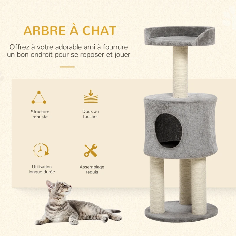 PawHut Arbre à chat griffoirs grattoirs sisal naturel arbre à grimper niche plate-forme en peluche hauteur 103 cm gris