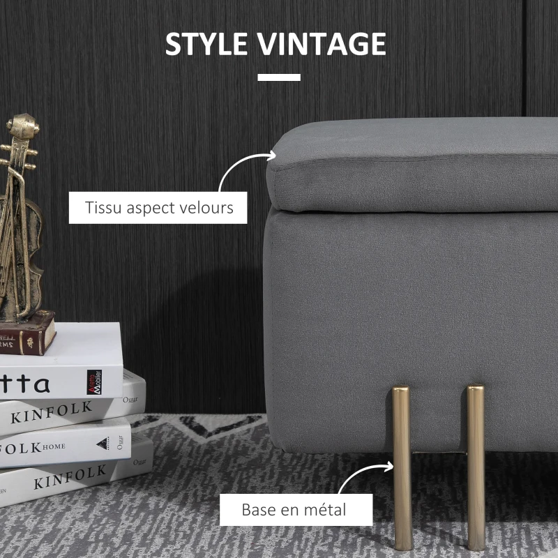 HOMCOM Banc de rangement coffre de rangement design contemporain- banc avec espace de stockage - dim. 100L x 40l x 42H cm - velours gris foncé piètement métal doré