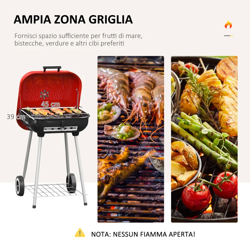 Outsunny Barbecue a Carbonella BBQ Grill con Coperchio e Ruote 48×52.5×79.5cm