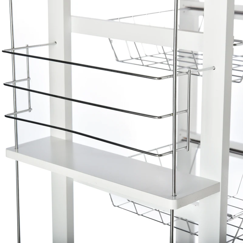 HOMCOM Chariot de service desserte de cuisine à roulettes multi-rangements 3 paniers métal tiroir + 2 range-bouteilles bois pin blanc