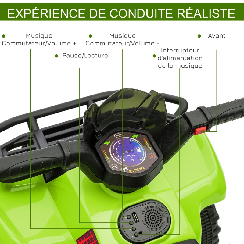 HOMCOM Quad buggy voiture électrique enfant quad électrique 18-36 mois 6 V 2 Km/h max. vert(m-6)