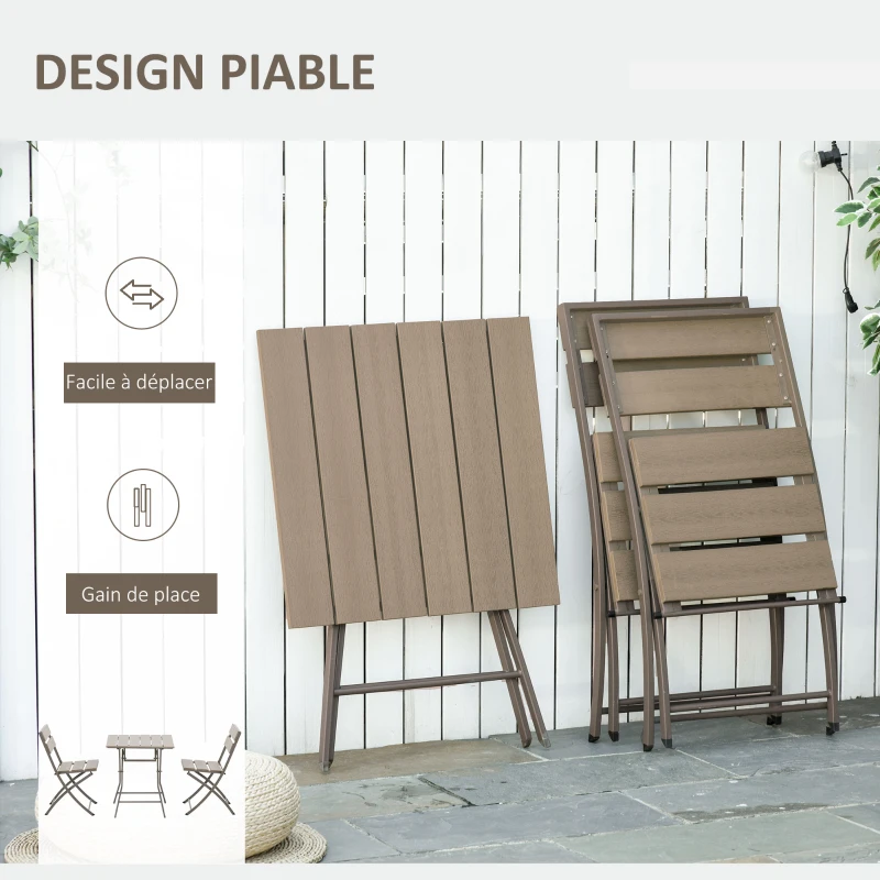 Outsunny Ensemble Bistro de Jardin 3 pièces Pliables Design Contemporain Table carrée et 2 chaises à Lattes métal époxy PE Aspect Bois