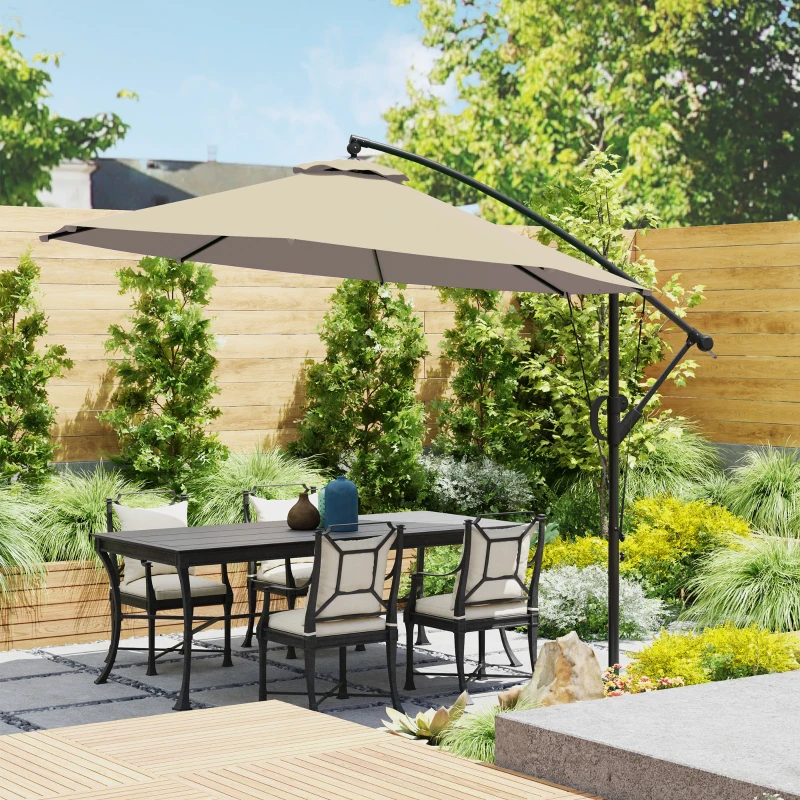 Outsunny 3(m) Garden Cantilever Parasol with Cover and Wind Protection Strap, Round Overhanging Umbrella with Crank Handle and Tilt, Banana Patio Umbrella for Outdoor Sun Shade, UPF50+, Khaki