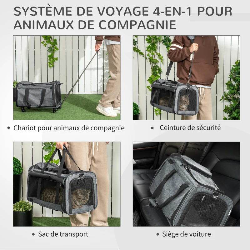 PawHut Sac de transport pour animaux 4 en 1 trolley chariot panier à roulette sa bandoulières 4 roulettes amovibles gris