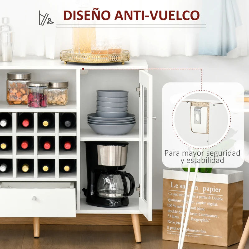 HOMCOM Aparador de Cocina con Botellero Cajón Estante Abierto y 2 Armarios con Puertas de Cristal 100x33x80 cm Blanco