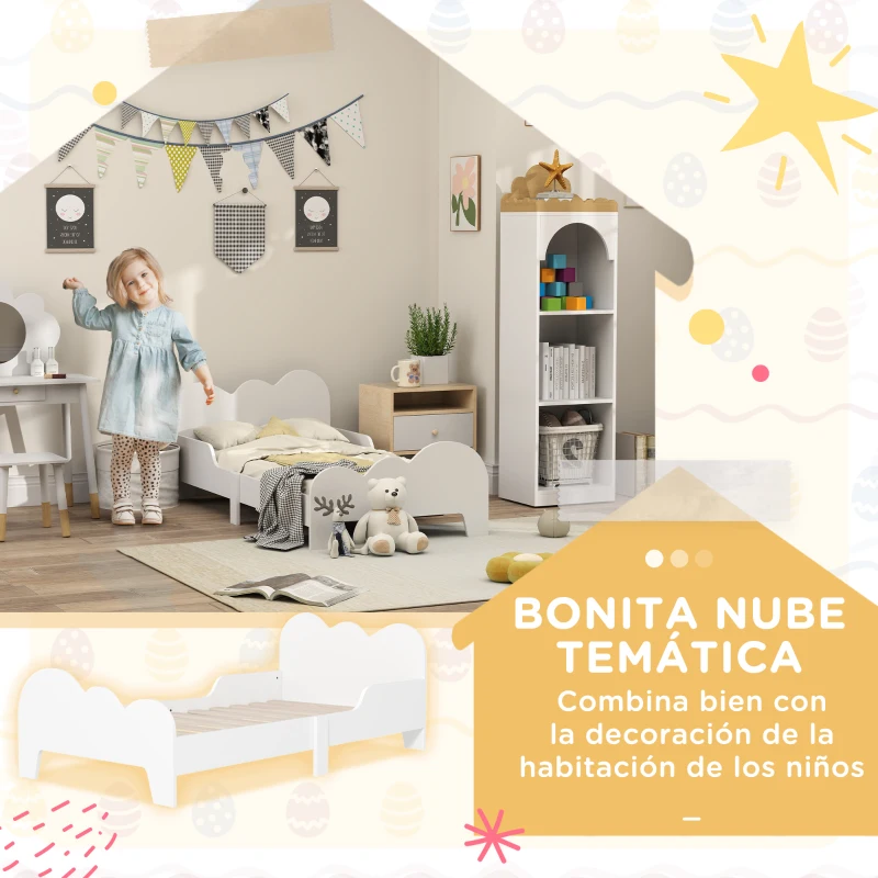 AIYAPLAY Cama para Niños de +3 Años 140x70 cm Tema de Nubes Estructura de Cama infantil con Barandilla Carga 80 kg Blanco