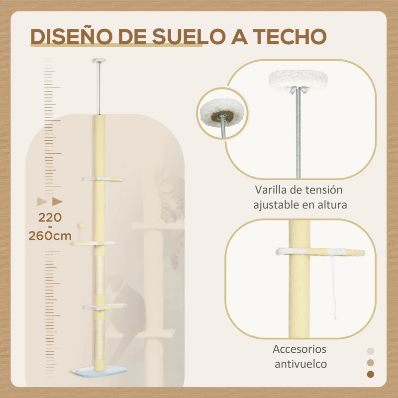 PawHut Árbol para Gatos de Suelo a Techo con Altura Ajustable  Poste de Sisal y Bola para Jugar 47x34x220-260 cm Crema