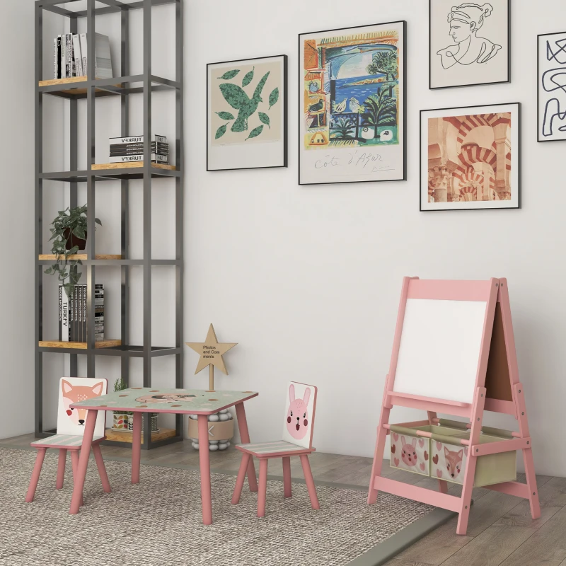 ZONEKIZ Kids Table and Chair Set and Kids Easel with Paper Roll, Storage Baskets, Kids Activity Furniture Set, Pink