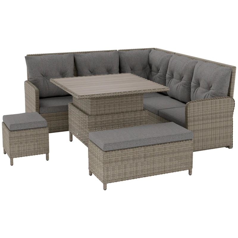 Outsunny 6 Pieces Outdoor PE Rattan Garden Furniture, Patio Wicker Sectional Conversation Corner Sofa w/ Soft Padded Cushion & Liftable Coffee Table, Light Grey