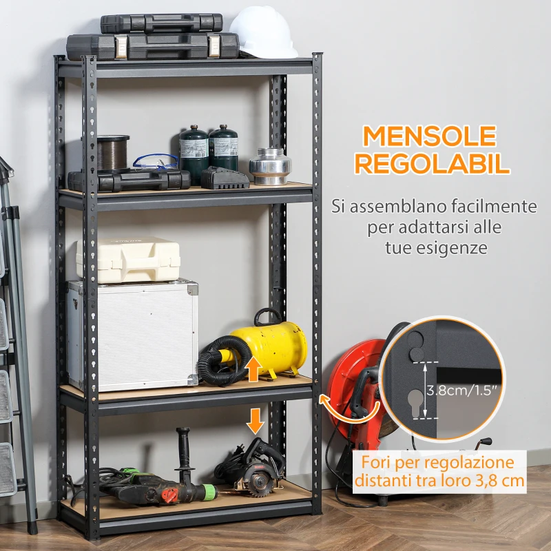 HOMCOM Scaffalatura Industriale a 4 Livelli in MDF e Acciaio con Ripiani Aperti e Regolabili, 81.3x30x152.4 cm