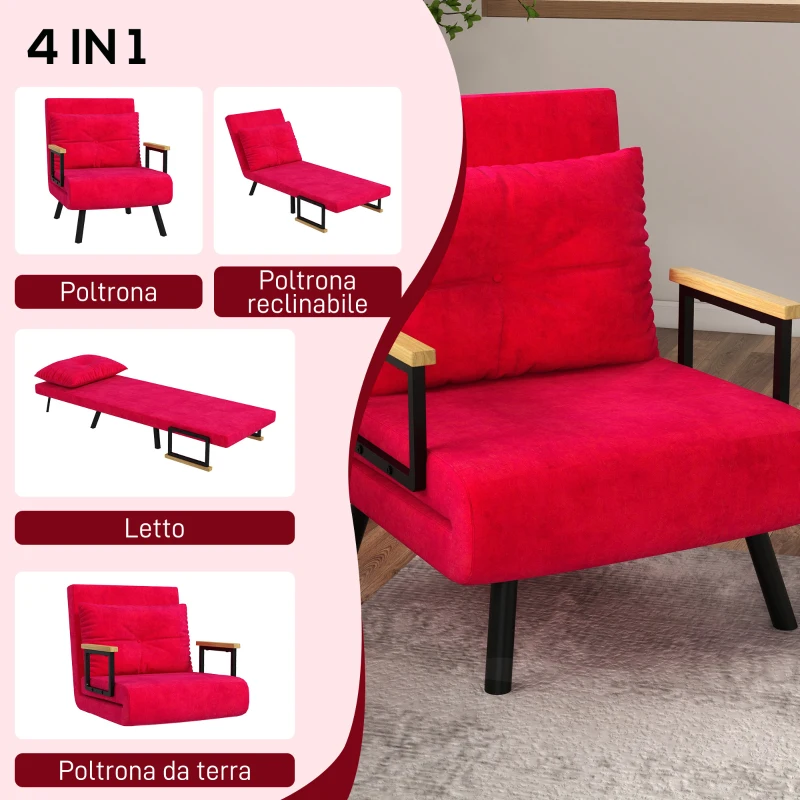 HOMCOM Poltrona Letto 3 in 1 con Schienale Reclinabile e Cuscino, in Tessuto Effetto Velluto, 63x73x81 cm, Rosso