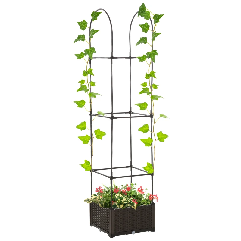 Outsunny Jardinière avec Treillis dim. 40L x 40l x 177H cm Insert d'irrigation Inclus PP Imitation rotin tressé Chocolat