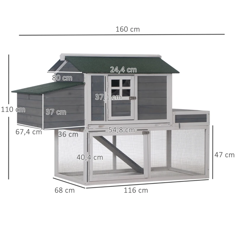 PawHut Gallinero Exterior de Madera Recinto con Nido y Corral Bandeja Extraíble Ventana de Malla Rampa Área de Cultivo 160x80x110 cm Gris y Blanco