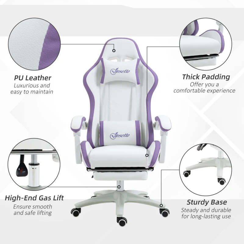 Vinsetto Computer Gaming Chair, PU Leather Office Desk Chair with Footrest, Swivel Wheels, 135° Reclining Back, Lumbar Support, Headrest for Home, White and Purple