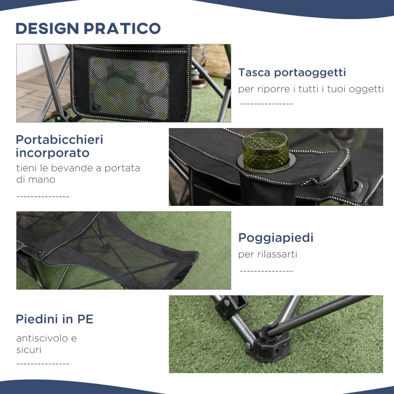 Outsunny Sedia Sdraio da Campeggio Reclinabile e Pieghevole con Poggiapiedi, 58x148x90cm, Nero