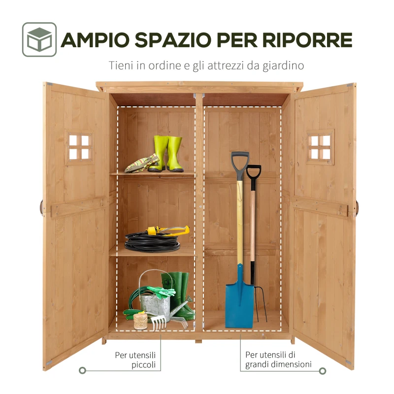 Outsunny Casetta da Giardino Legno con Porta Doppia, Mensole e Finestre, 127.5x50x164cm