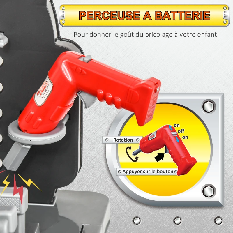 HOMCOM Etabli et Outils pour Enfant - Jeu d'imitation Bricolage - Nombreux Accessoires Plus de 50 pièces & Outils variés - PP Noir Gris Rouge