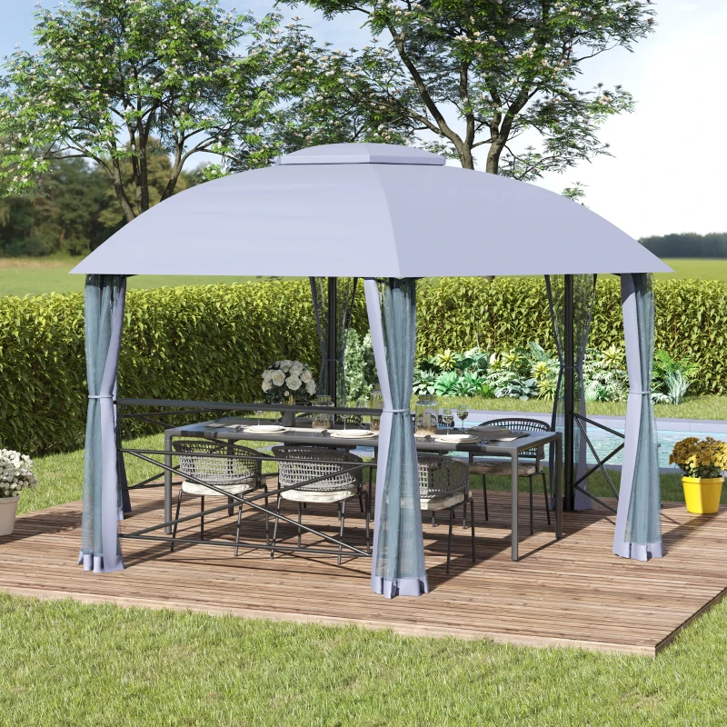 Outsunny 4 x 4.7(m) Patio Metal Gazebo Canopy, Hexagon Shape Garden Gazebo, Outdoor Sun Shade Shelter with 2 Tier Roof, Netting, Steel Frame, Grey